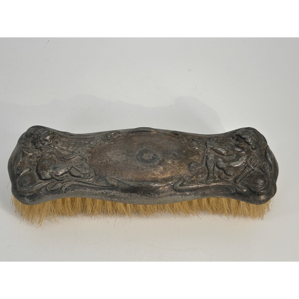 Antique Art Nouveau Silver Vanity Clothes Brush Ornate Repousse Design W/Cherubs